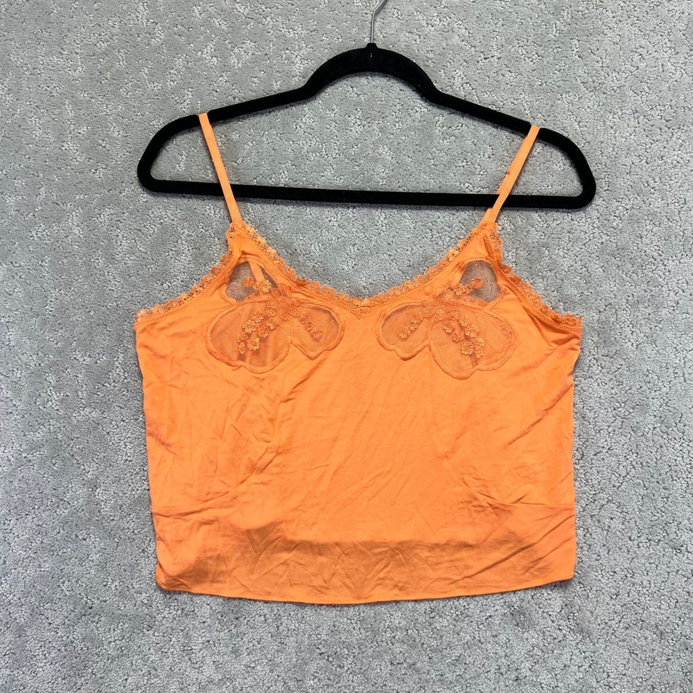 Savage X Fenty Tank Top Womens Medium Orange Butterfly Lace Mesh Camisole Crop